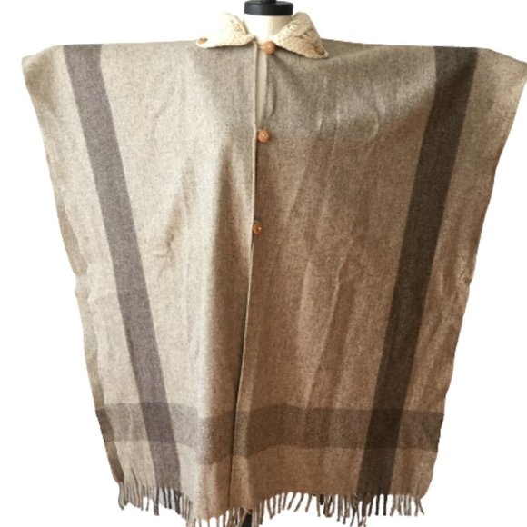 NEW Vintage Wool Blanket Cape Cable Knit Collar Handmade Fringed Long Americana - Picture 15 of 16